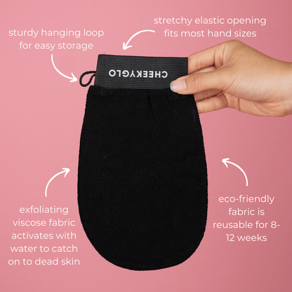 A close-up of a hand holding the CheekyGlo Exfoliating Glove from CheekyGlo against a pink background. Labels highlight its features: stretchy elastic opening, durable hanging loop, exfoliating viscose fabric, and an eco-friendly design reusable for 8-12 weeks. Achieve smoother skin with this essential skincare tool.