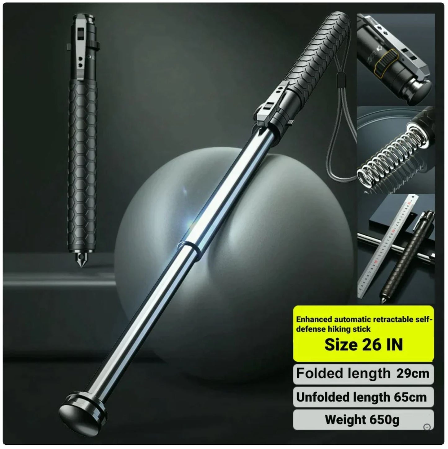 Enhanced automatic retractable self-defense hiking stick